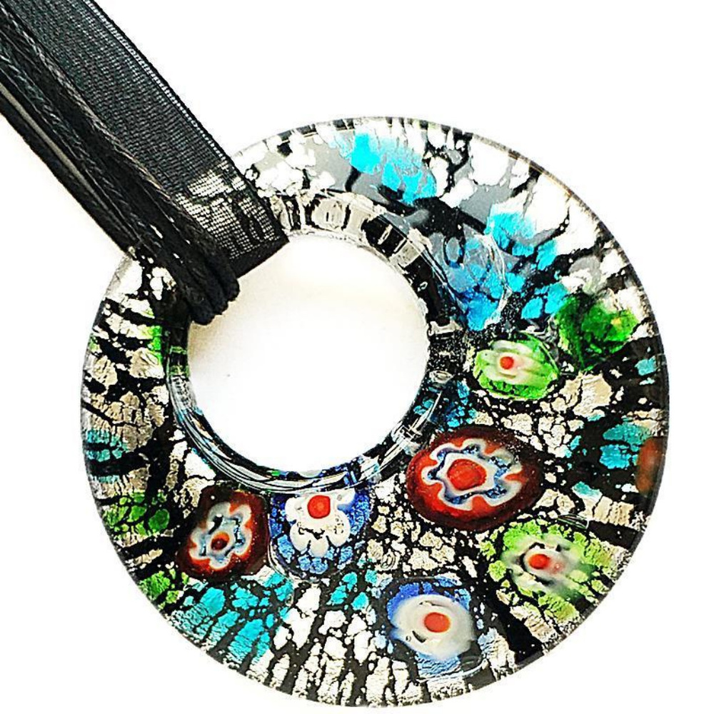 Floral Circle Glass Murano Pendant w/Ribbon